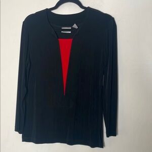 Blue and Black Cut Out Blouse with Red V-Neckline